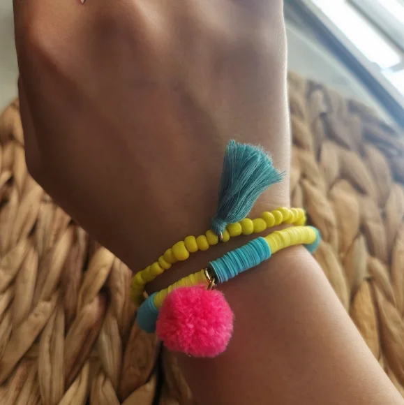 Colorful Beaded Bracelet Set With Pom Pom And Tassel - Picture 2 of 5